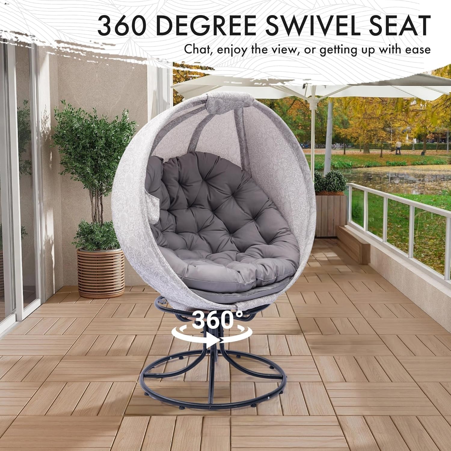 Oversized 360 Swivel Egg Chair- Foldable Rattan Seat W/Cushions‌‌ Indoor & Covered Balcony Lounge Chair for Living Room & Sunroom (Gesar Flower Gray)