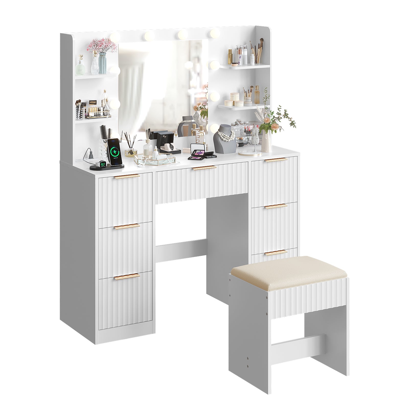 White Vanity Desk with Mirror & Lights
