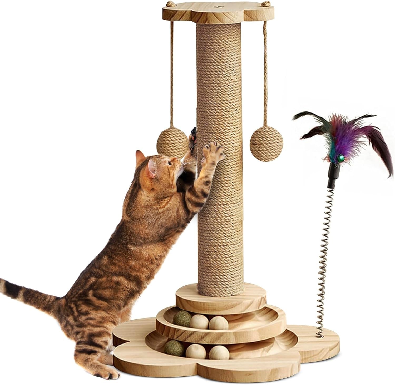 Cat Scratching Post with Natural Sisal - Sturdy Cat Scratcher for Indoor Smaller Cats, Kitten Toy with Scratching Posts, Play Platform & Toys, Easy Assembly, Space-Saving Design (45Cm Tall)