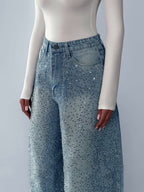 Irregular Rhinestone Jeans | Vintage Denim Full-Length Trousers