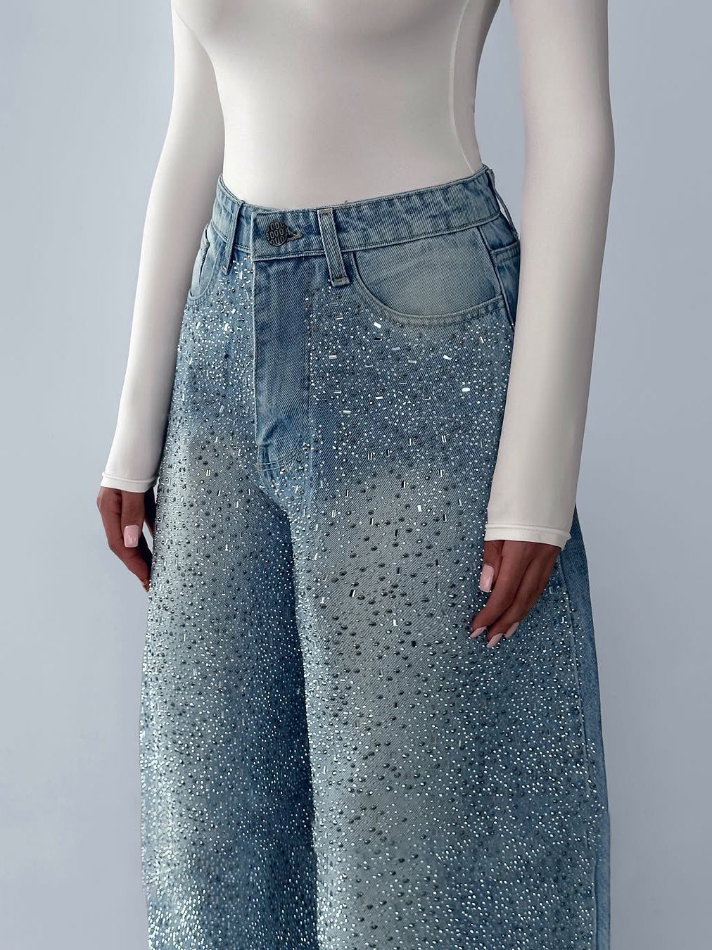 Irregular Rhinestone Jeans | Vintage Denim Full-Length Trousers