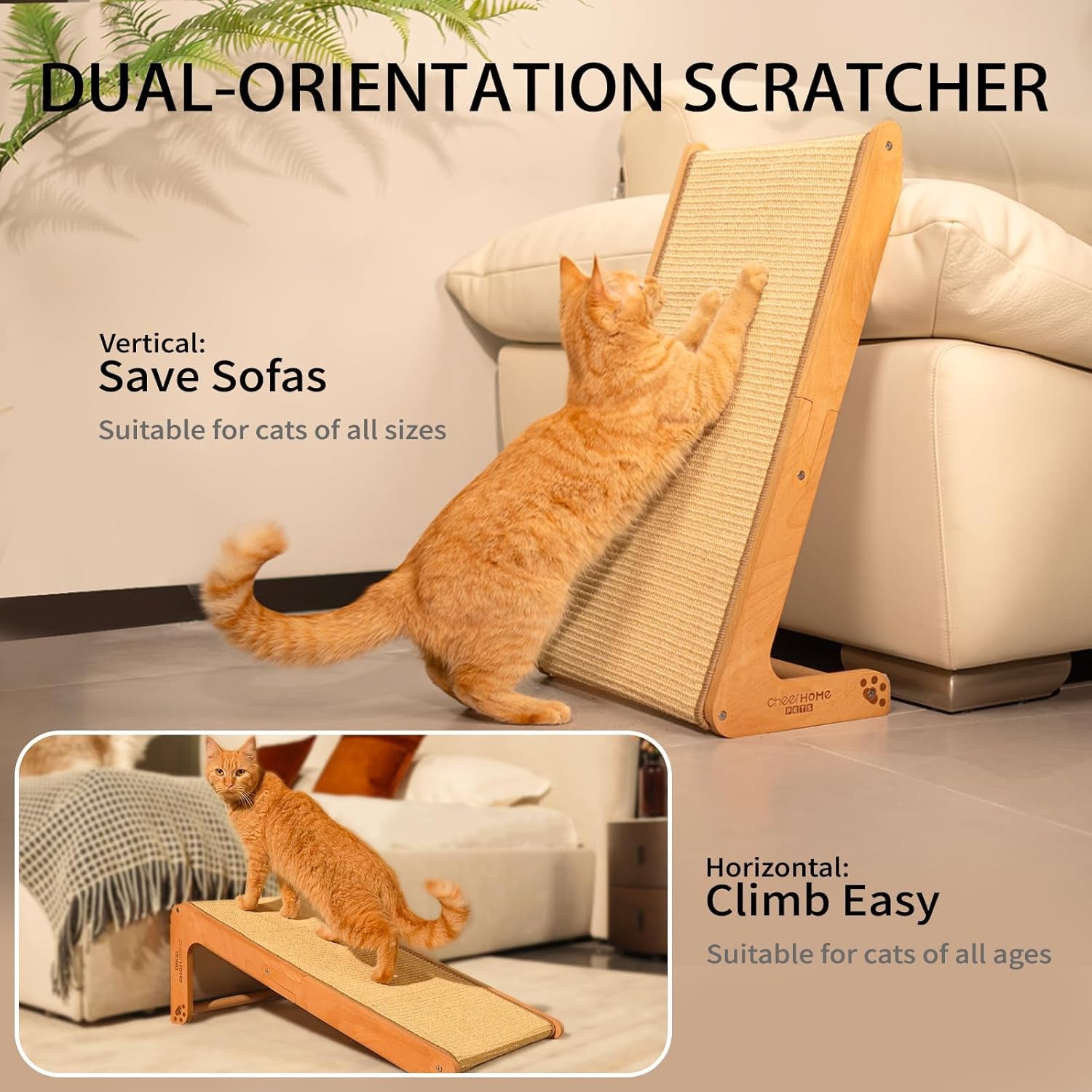 Dual-Use Sisal Cat Scratcher - Large 63Cm H, Solid Beech Wood & Sisal Pad Cat Scratching Post, L-Shaped Pet Furniture for All Cats Playing, Relaxing