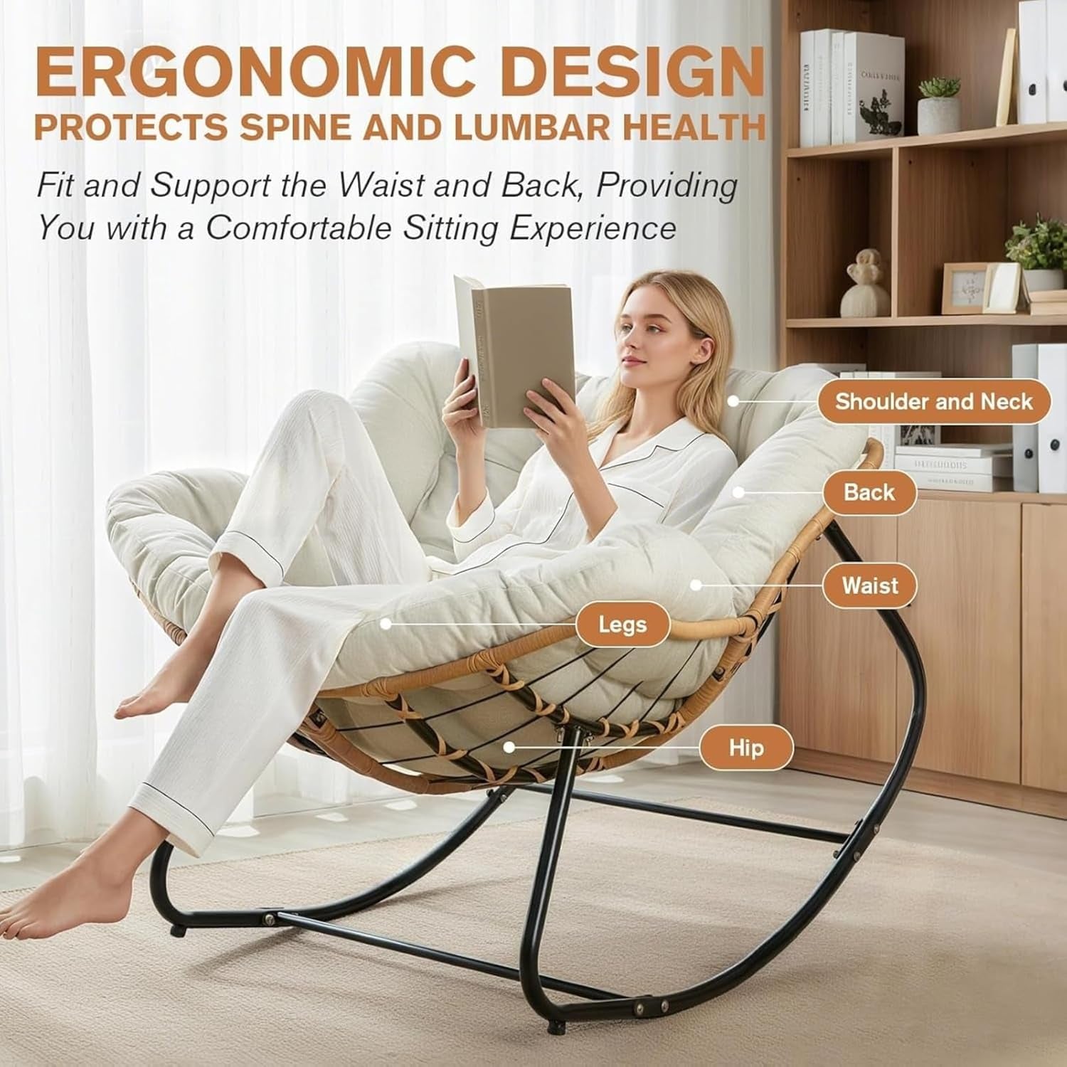 Oversize Rocking Chair for Adults, Comfy Ergonomic Wicker Papasan Chairs, Outdoor Egg Chair, with Soft Thick Cushio for Indoor, Grand, Patio, Living, Bedroom, Reading Room (Pink)