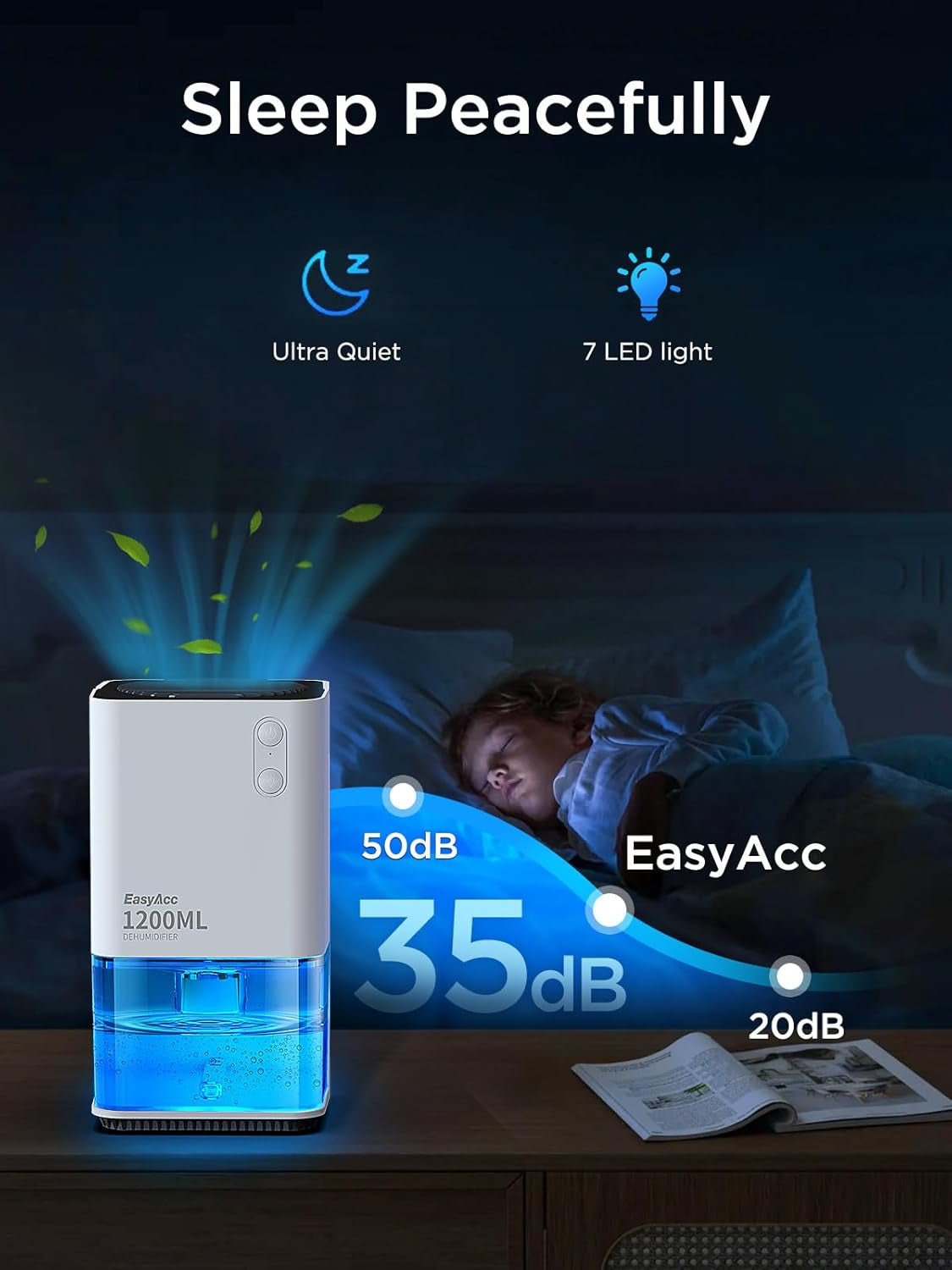 ® 1200Ml Electric Dehumidifier with Ultra Quiet & Auto Shut off 7 Colorful LED Portable Mini Dehumidifier for Wardrobe, Bathroom, Closet, RV, Bedroom, Garage - White