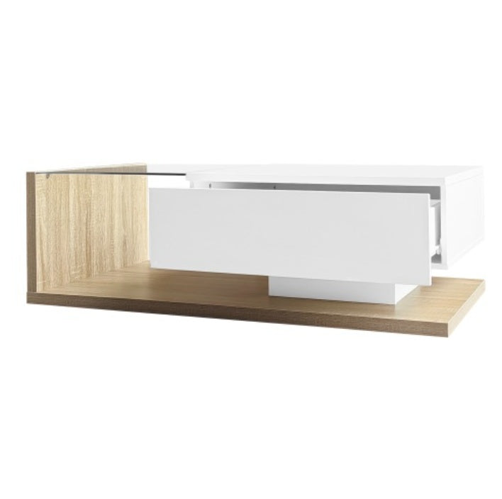 High-Gloss White & Wood Coffee Table with Glass & LED Lights