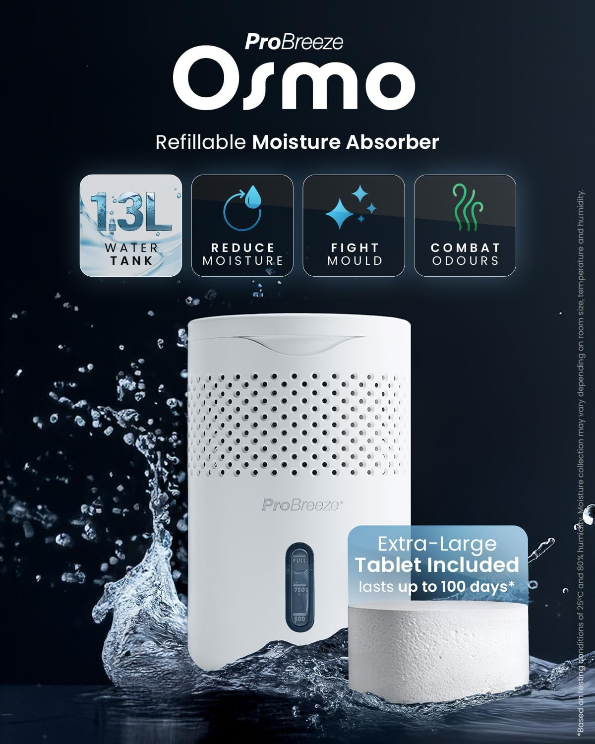 Osmo® Dehumidifier - Silent & Refillable Moisture Absorber for Damp & Condensation at Home, Bedroom, Wardrobe, Car - Bathroom Mould Remover with 700G Refillable Tablet - No Power Required