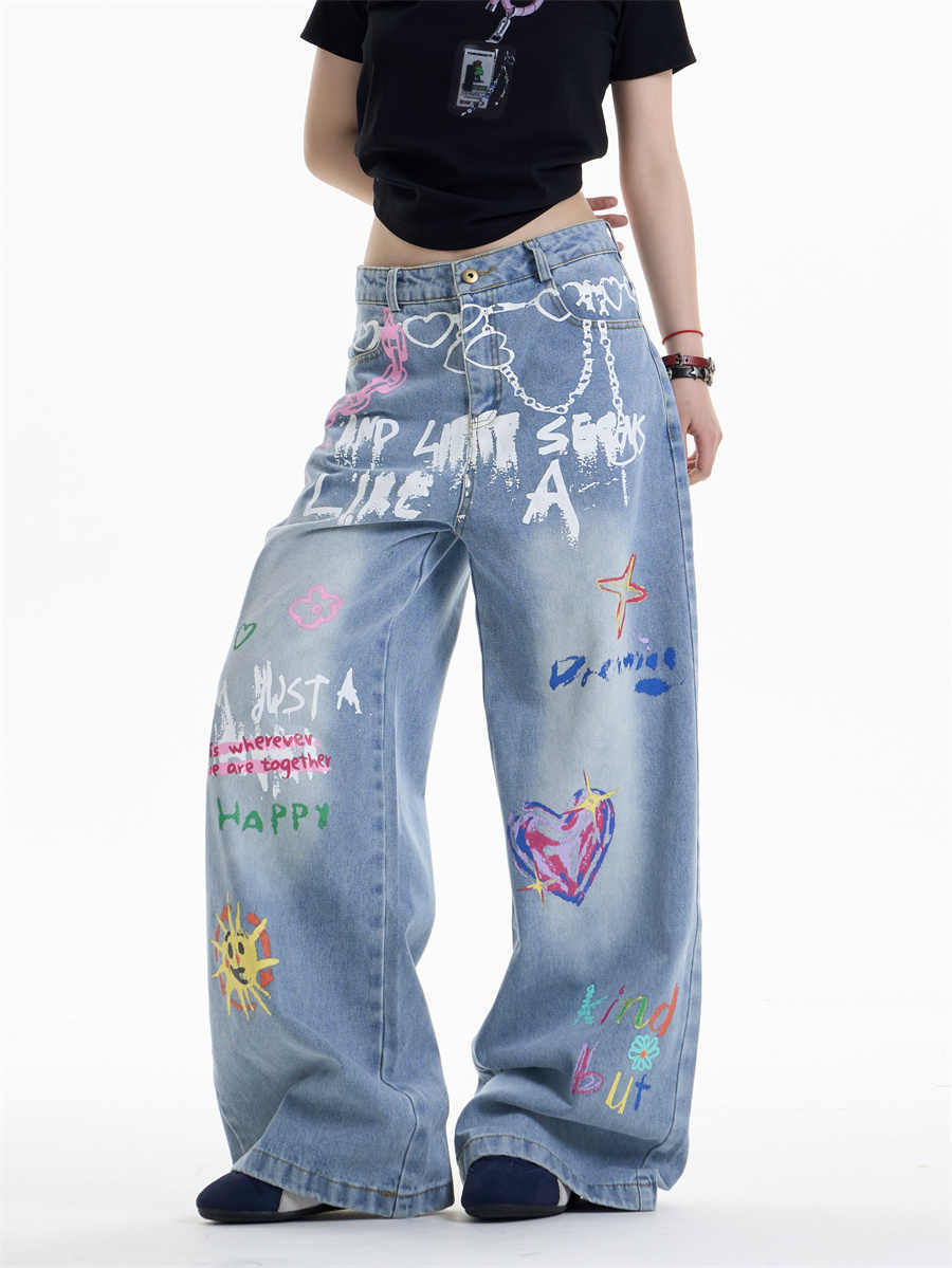 Women’s Waist Chain Printed Wide Leg Jeans
