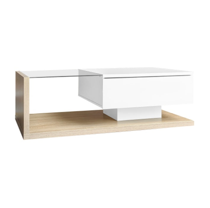 High-Gloss White & Wood Coffee Table with Glass & LED Lights