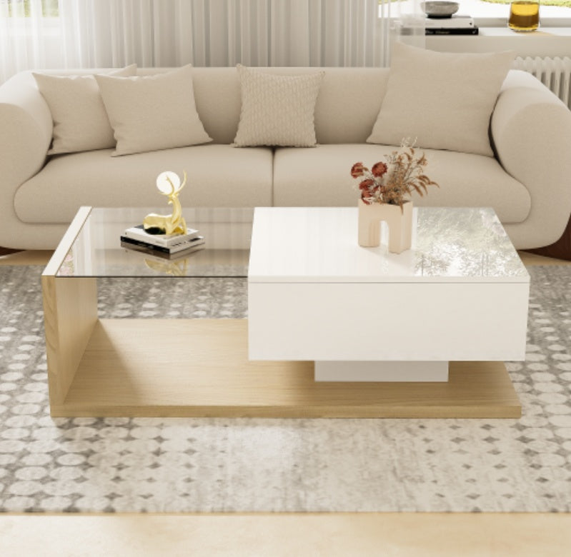 High-Gloss White & Wood Coffee Table with Glass & LED Lights