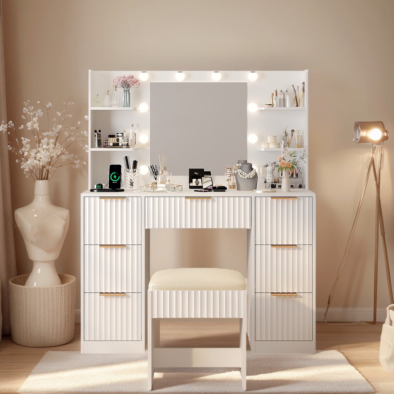White Vanity Desk with Mirror & Lights