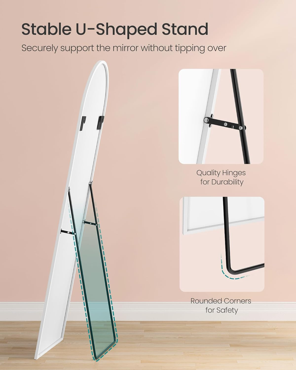 Full Length Mirror, 160 X 50 Cm, Arched Full Body Mirror with Stand, Aluminium Alloy Frame Floor Mirror, Tempered Glass, for Bedroom, Living Room, Cloakroom, Matte White LFM031WC01