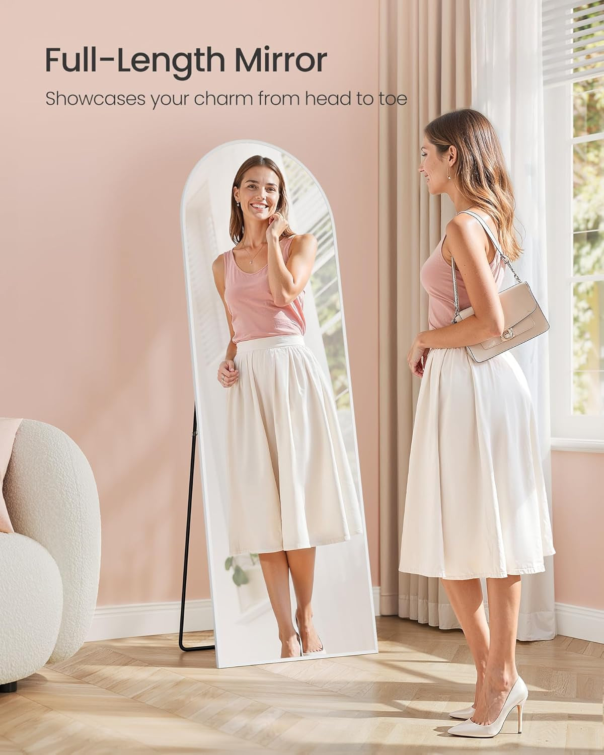 Full Length Mirror, 160 X 50 Cm, Arched Full Body Mirror with Stand, Aluminium Alloy Frame Floor Mirror, Tempered Glass, for Bedroom, Living Room, Cloakroom, Matte White LFM031WC01