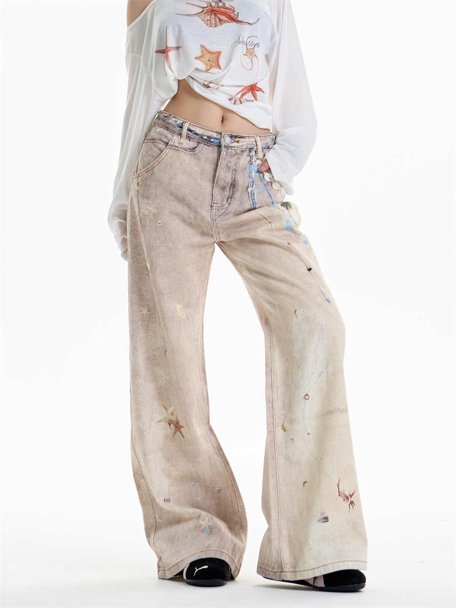 Retro Chain Print Wide Leg Jeans