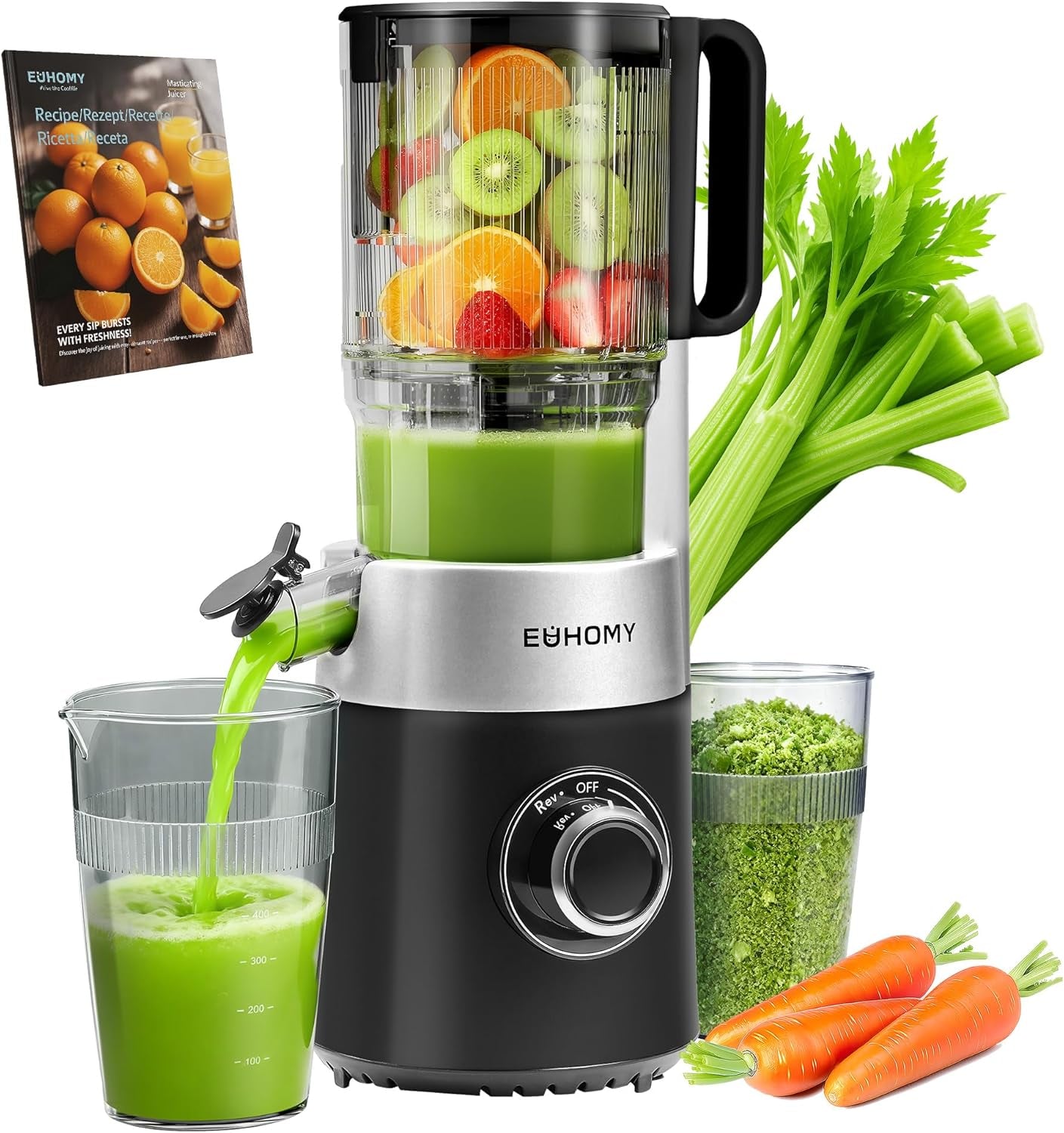 EUHOMY Cold Press Juicer Machines, 135Mm&1.8L Chute for Whole Fruits and Vegetables, Self Feeding Slow Masticating Juicer with Auto-Cutting Auger, Easy Clean, Triple Filter