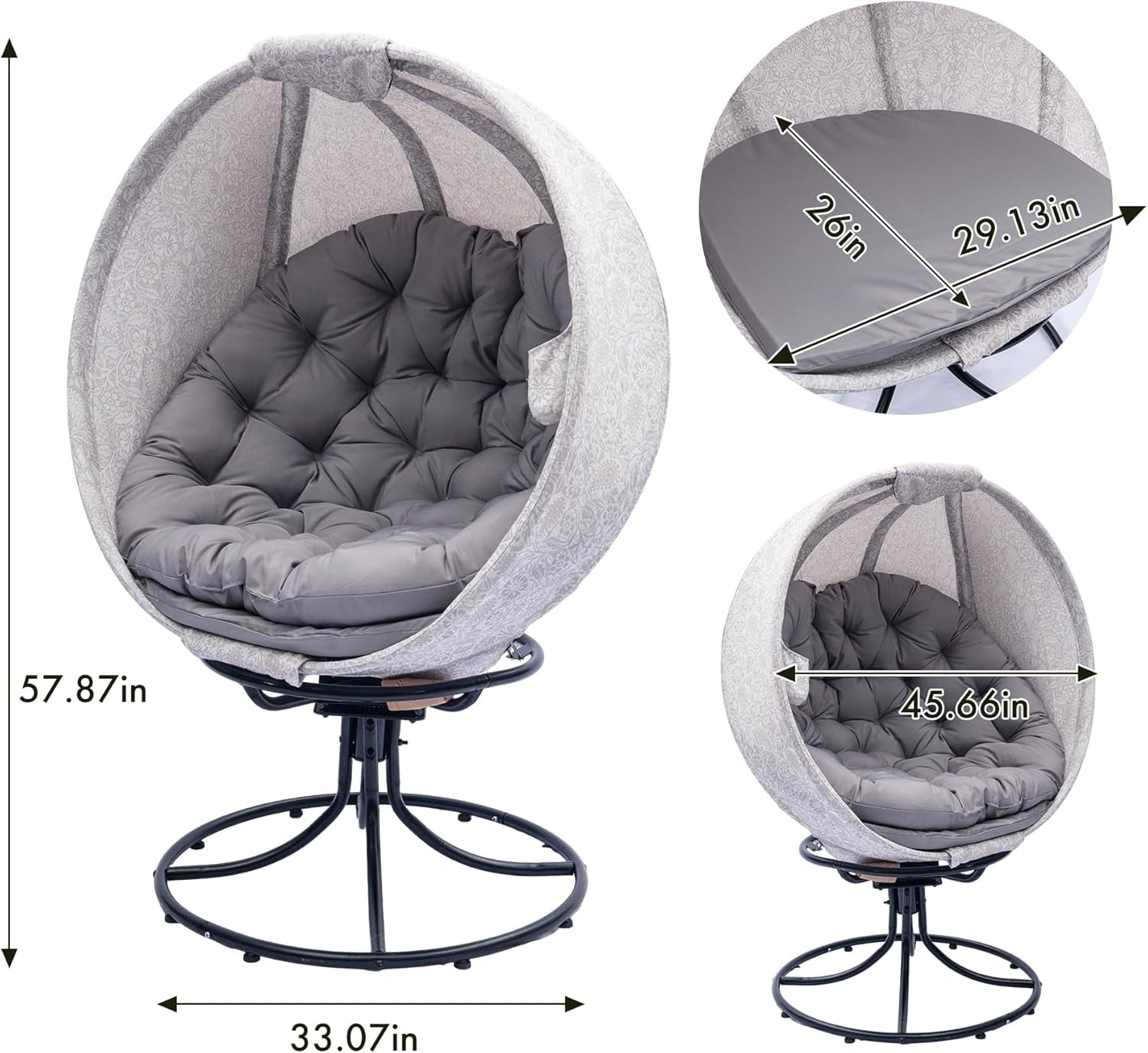 Oversized 360 Swivel Egg Chair- Foldable Rattan Seat W/Cushions‌‌ Indoor & Covered Balcony Lounge Chair for Living Room & Sunroom (Gesar Flower Gray)