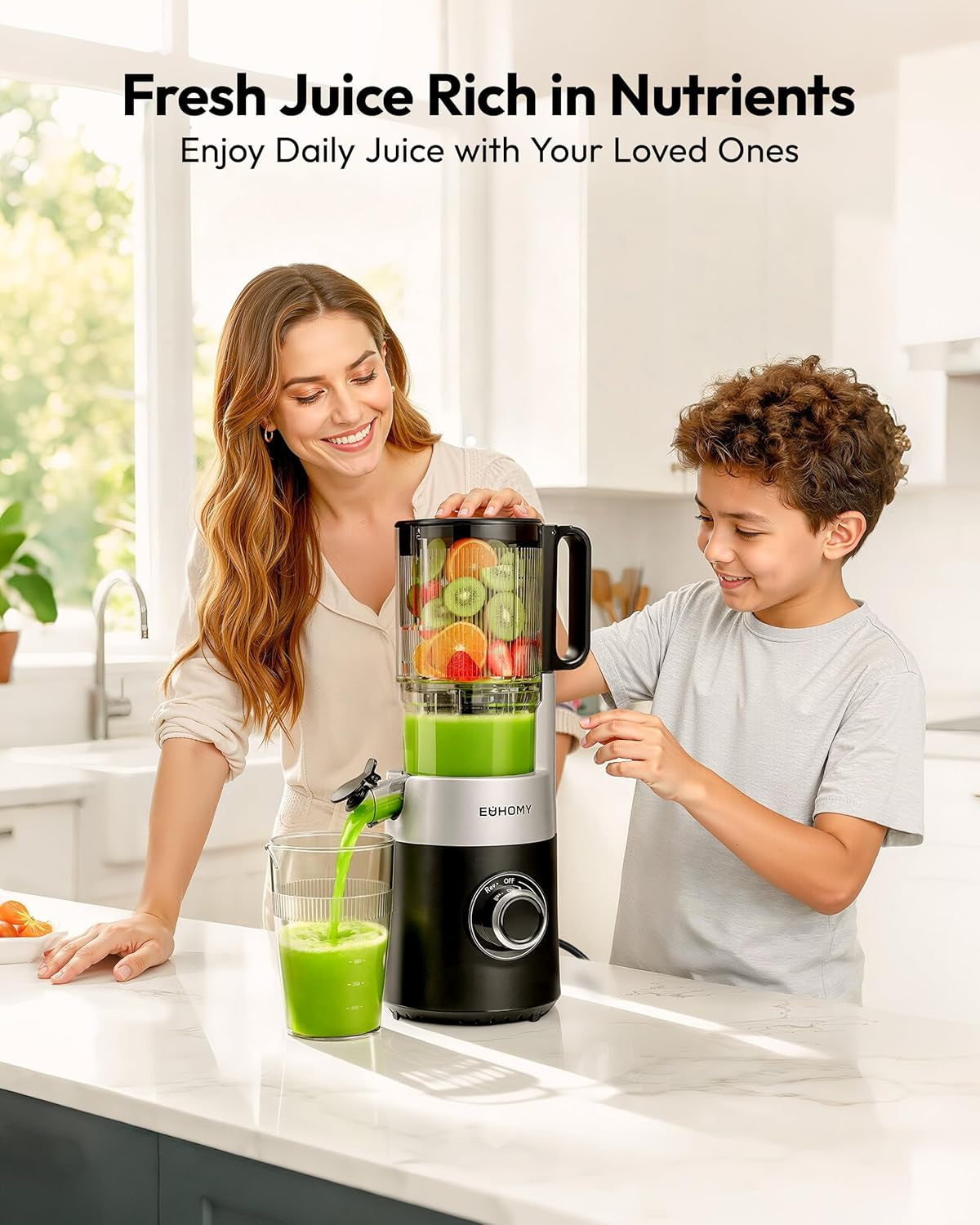 EUHOMY Cold Press Juicer Machines, 135Mm&1.8L Chute for Whole Fruits and Vegetables, Self Feeding Slow Masticating Juicer with Auto-Cutting Auger, Easy Clean, Triple Filter