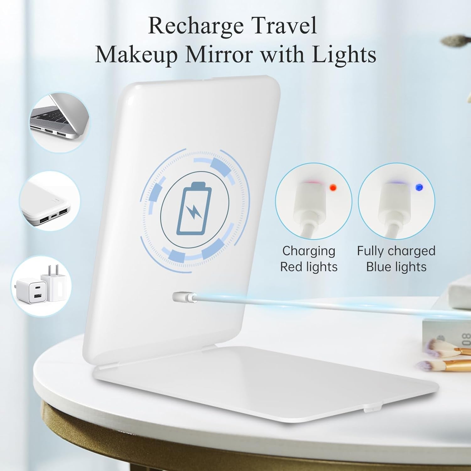 Rechargeable Travel Makeup Vanity Mirror with Lights, 2000Mah, Portable Lighted Makeup Beauty Mirror, Dimmable 3 Color Lighting, Tabletop Folding Cosmetic Mirror for Home, Office, Travel