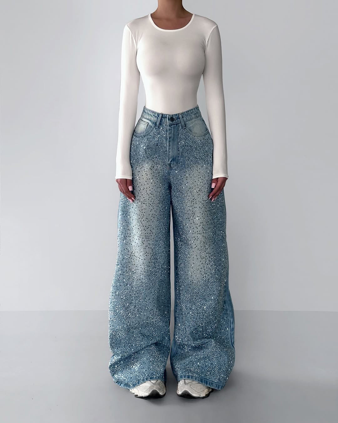 Irregular Rhinestone Jeans | Vintage Denim Full-Length Trousers