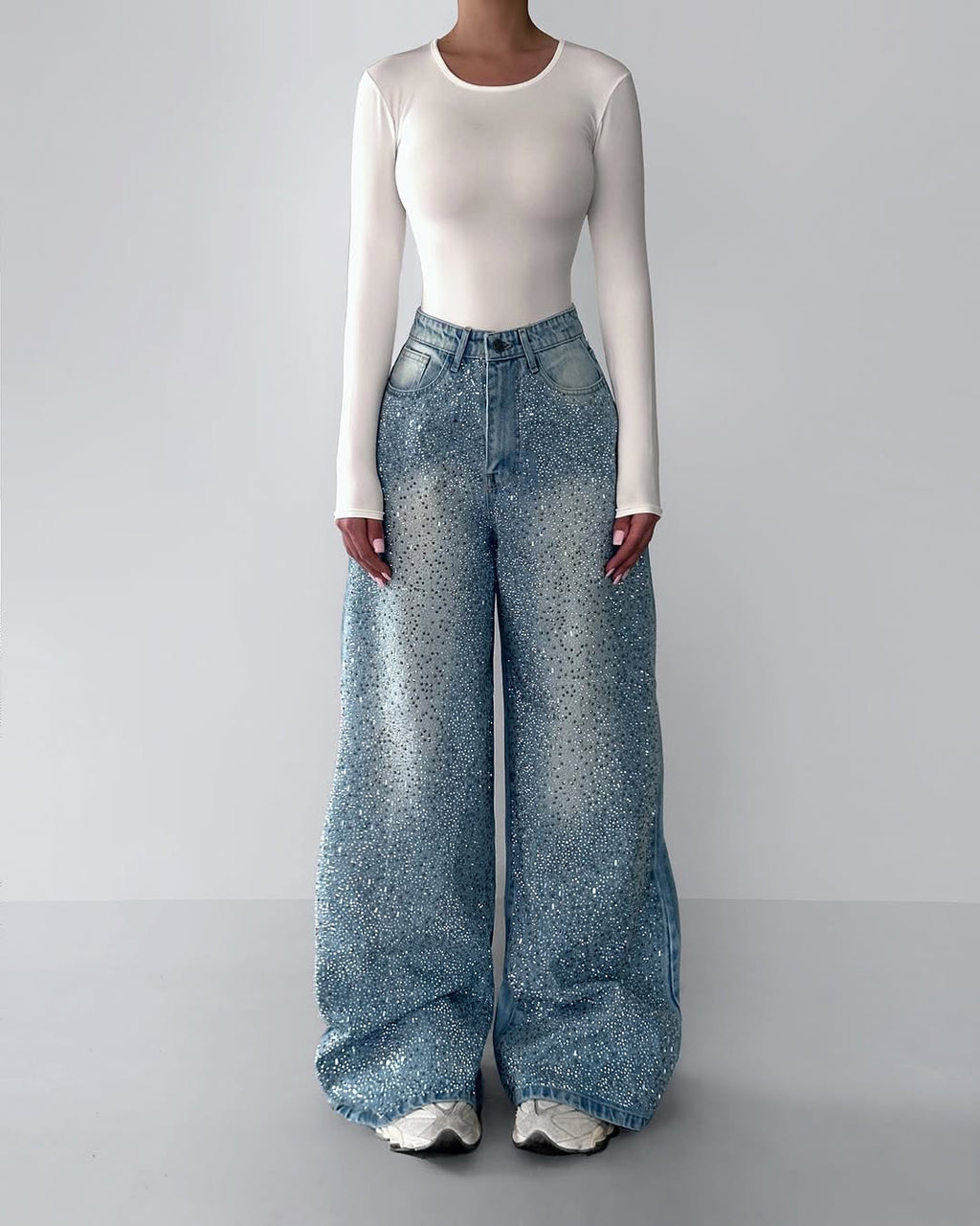 Irregular Rhinestone Jeans | Vintage Denim Full-Length Trousers
