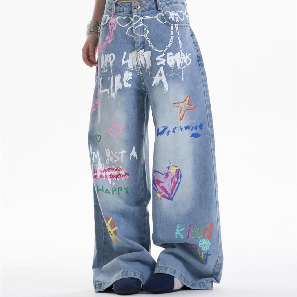 Women’s Waist Chain Printed Wide Leg Jeans