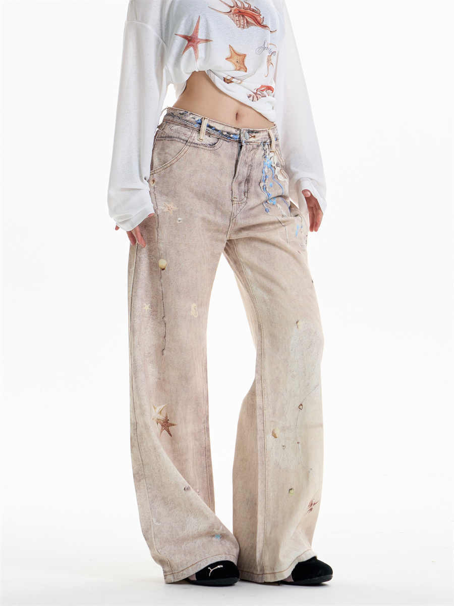 Retro Chain Print Wide Leg Jeans