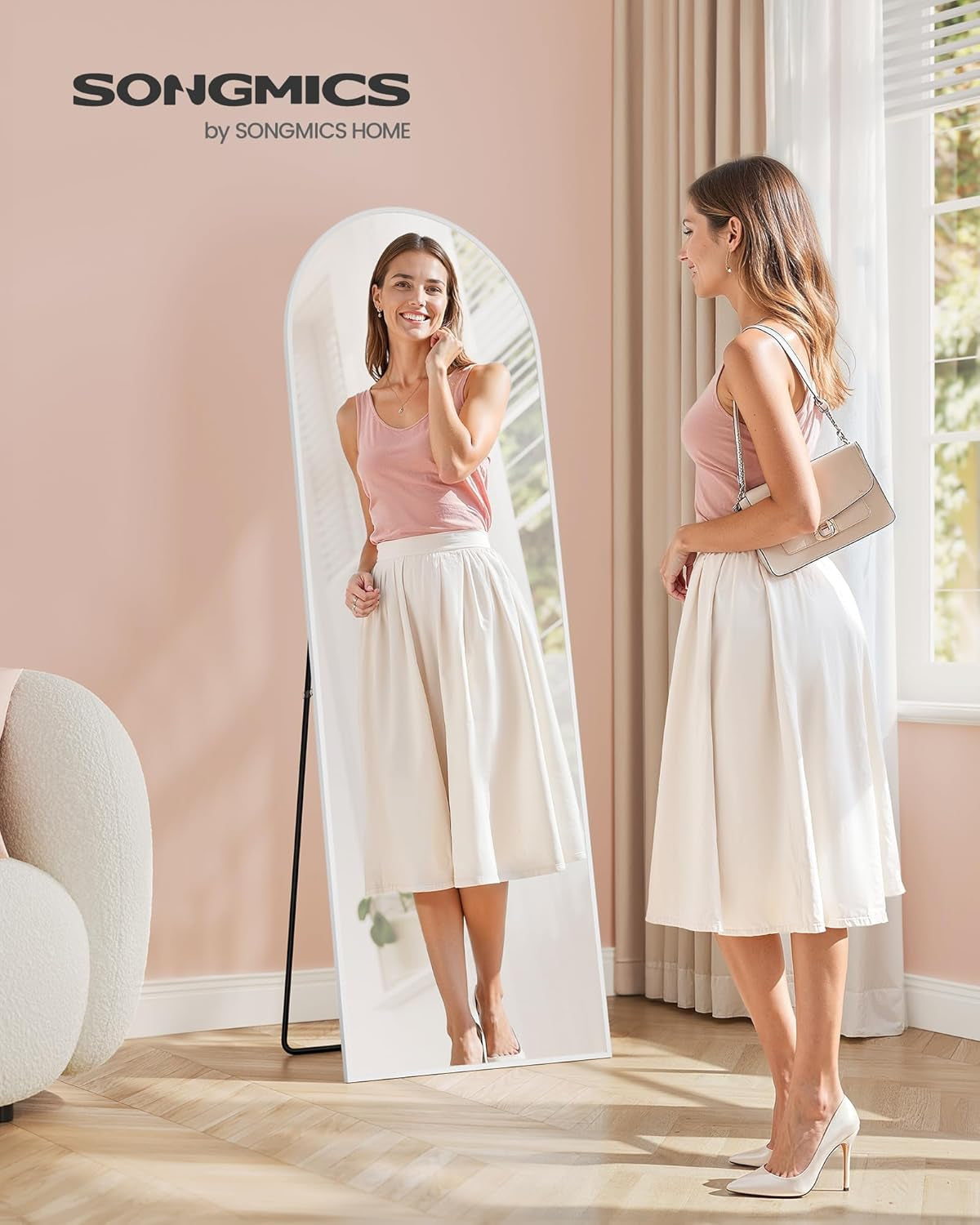 Full Length Mirror, 160 X 50 Cm, Arched Full Body Mirror with Stand, Aluminium Alloy Frame Floor Mirror, Tempered Glass, for Bedroom, Living Room, Cloakroom, Matte White LFM031WC01