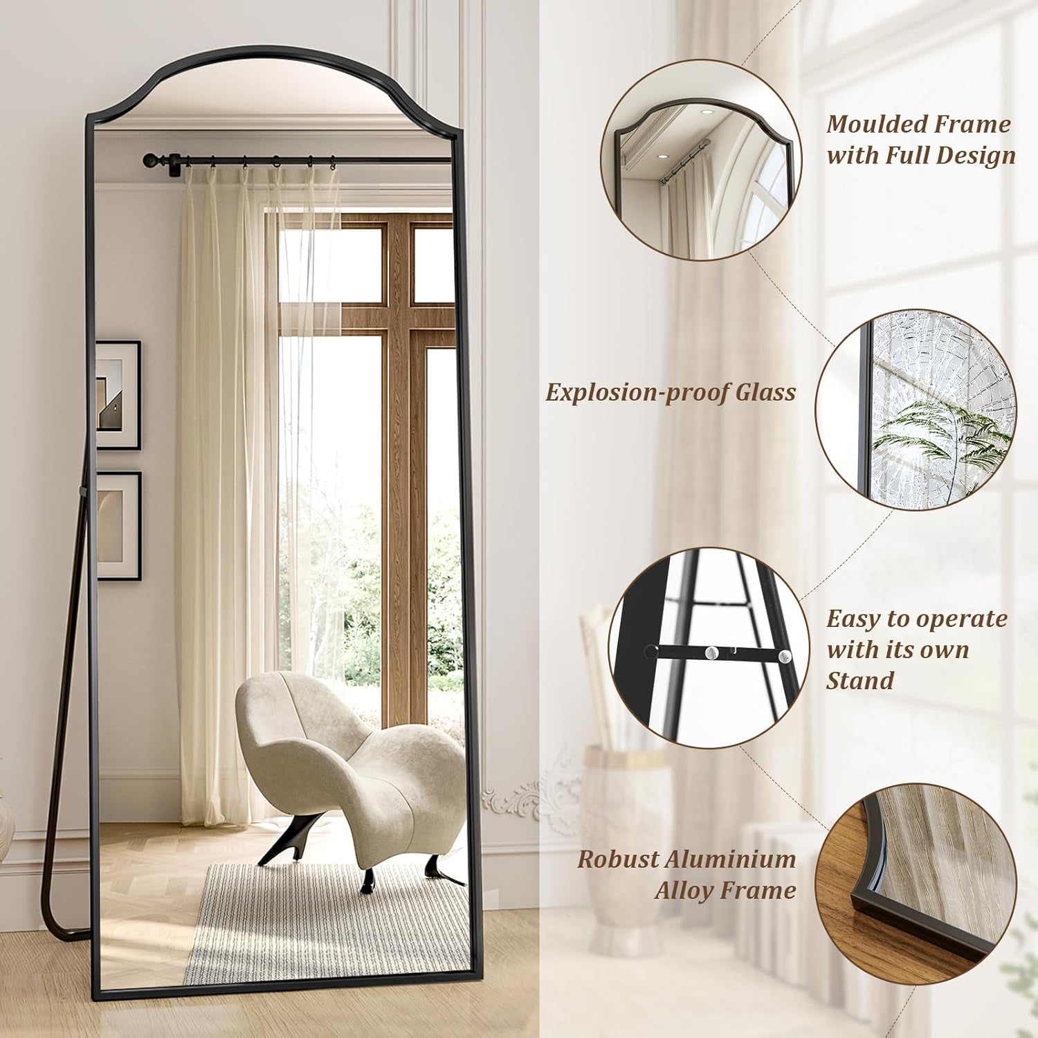 165 X 60 Cm Full-Length Mirror - Unique Curved Top, for Wardrobe, Bedroom, Hanging, Standing or Leaning, Black