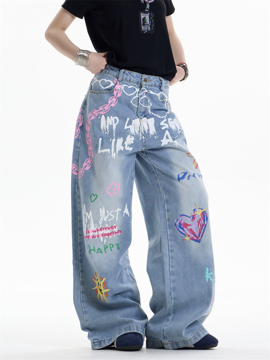 Women’s Waist Chain Printed Wide Leg Jeans
