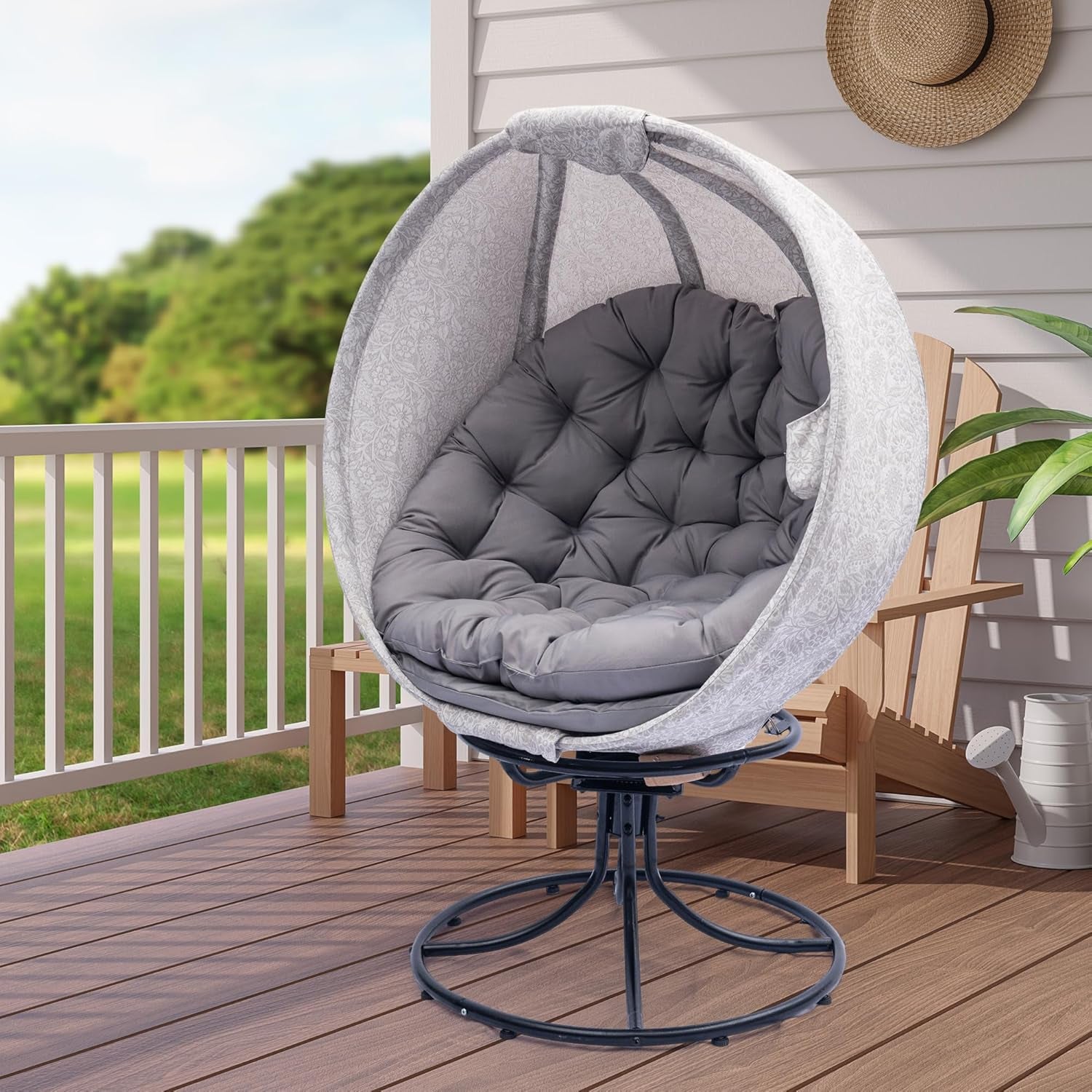 Oversized 360 Swivel Egg Chair- Foldable Rattan Seat W/Cushions‌‌ Indoor & Covered Balcony Lounge Chair for Living Room & Sunroom (Gesar Flower Gray)