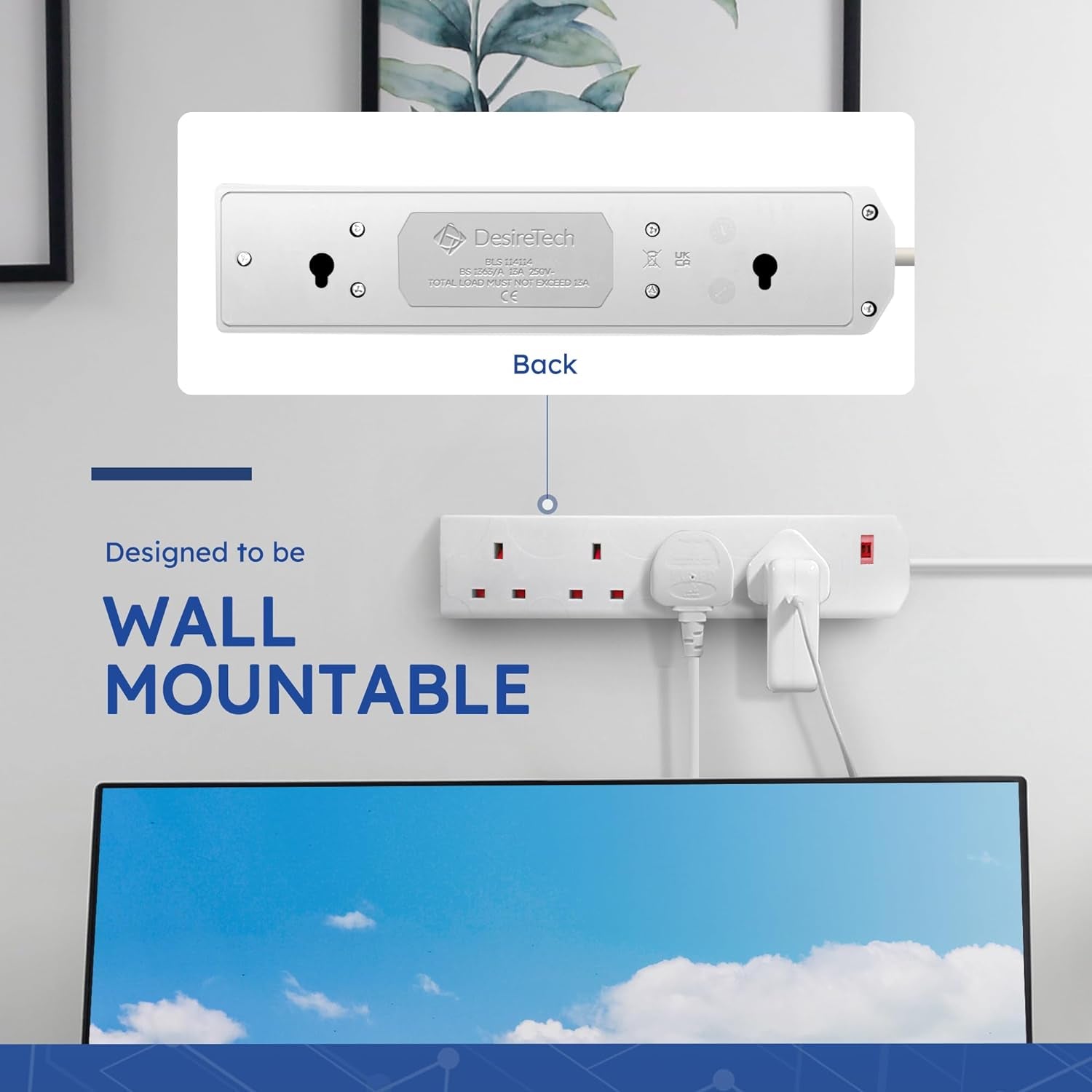 White Electric Extension Lead - 4 Gang, 2 Metre Cable with UK Plug & 3 Pin Socket - Wall Mountable & Multi Socket Mains Strip for Home, Bedroom, Kitchen, & Office (1 Pack)