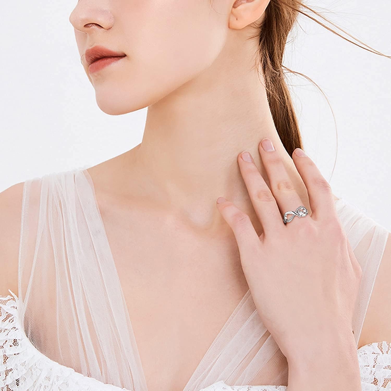 Infinity Ring 925 Sterling Silver Heart-Shaped Zirconia Wedding Ring for Women