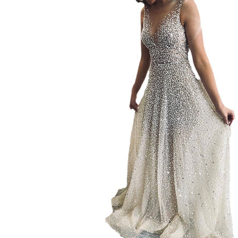 European & American Gold Sequin V-Neck Sling Dress