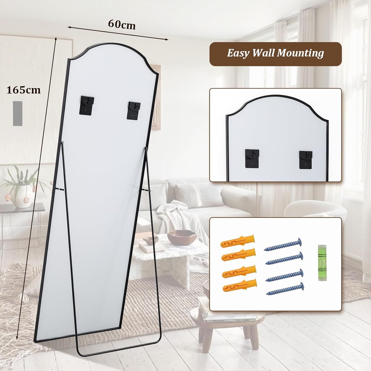 165 X 60 Cm Full-Length Mirror - Unique Curved Top, for Wardrobe, Bedroom, Hanging, Standing or Leaning, Black