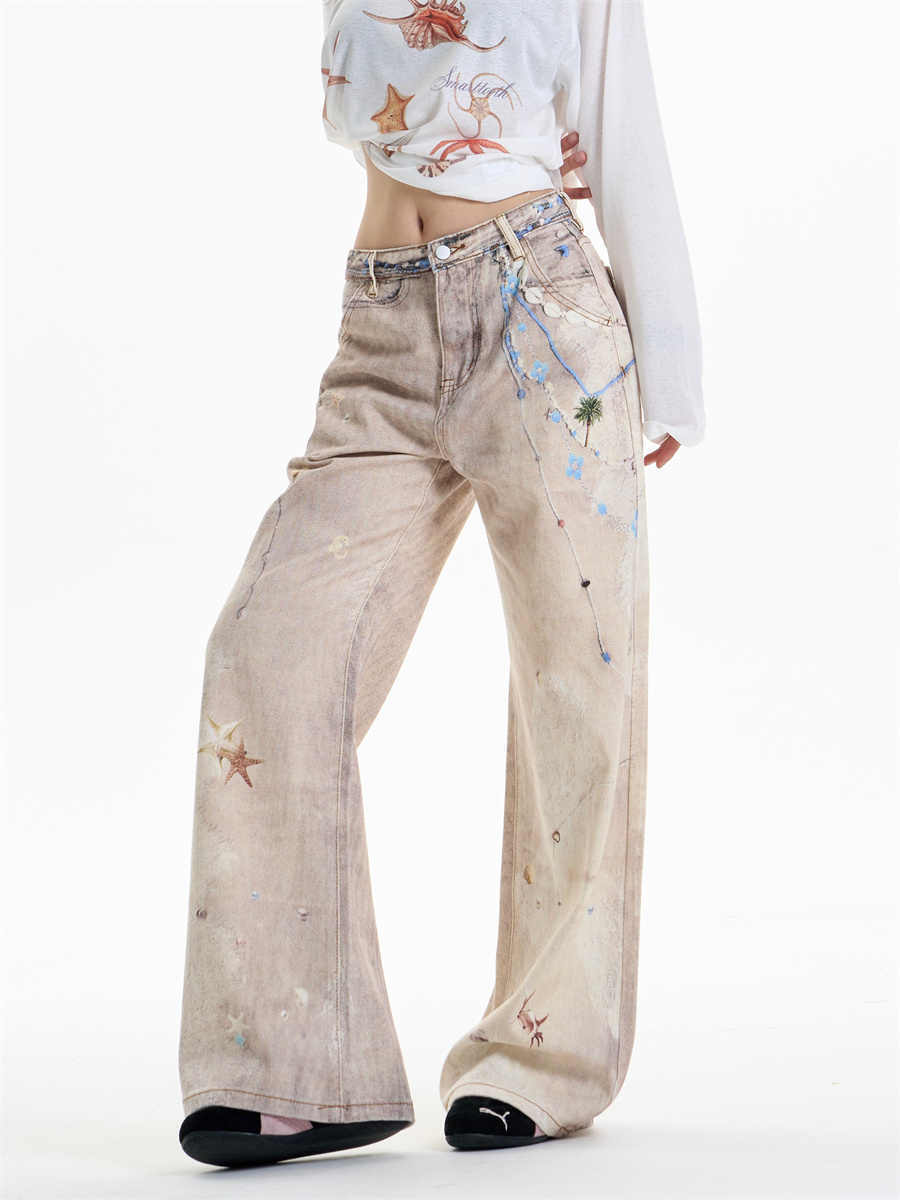 Retro Chain Print Wide Leg Jeans