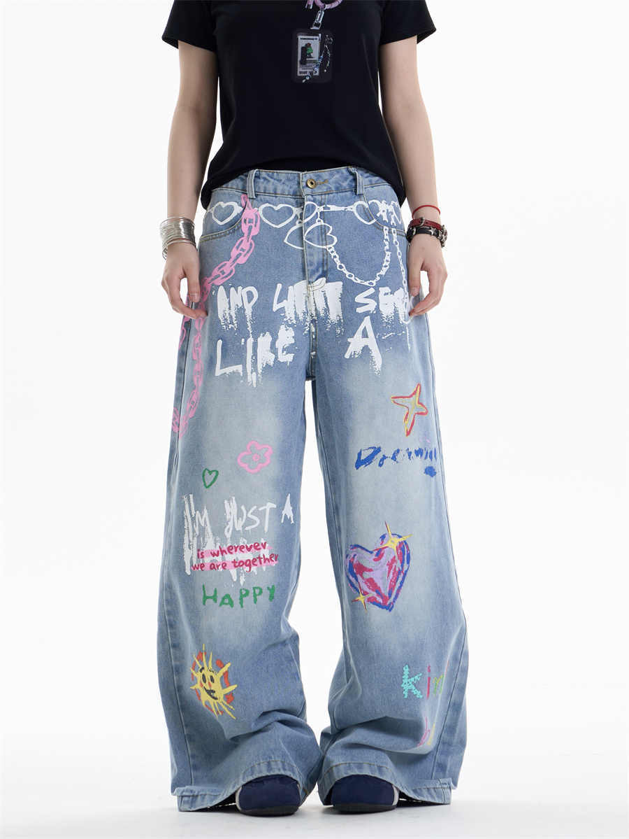 Women’s Waist Chain Printed Wide Leg Jeans