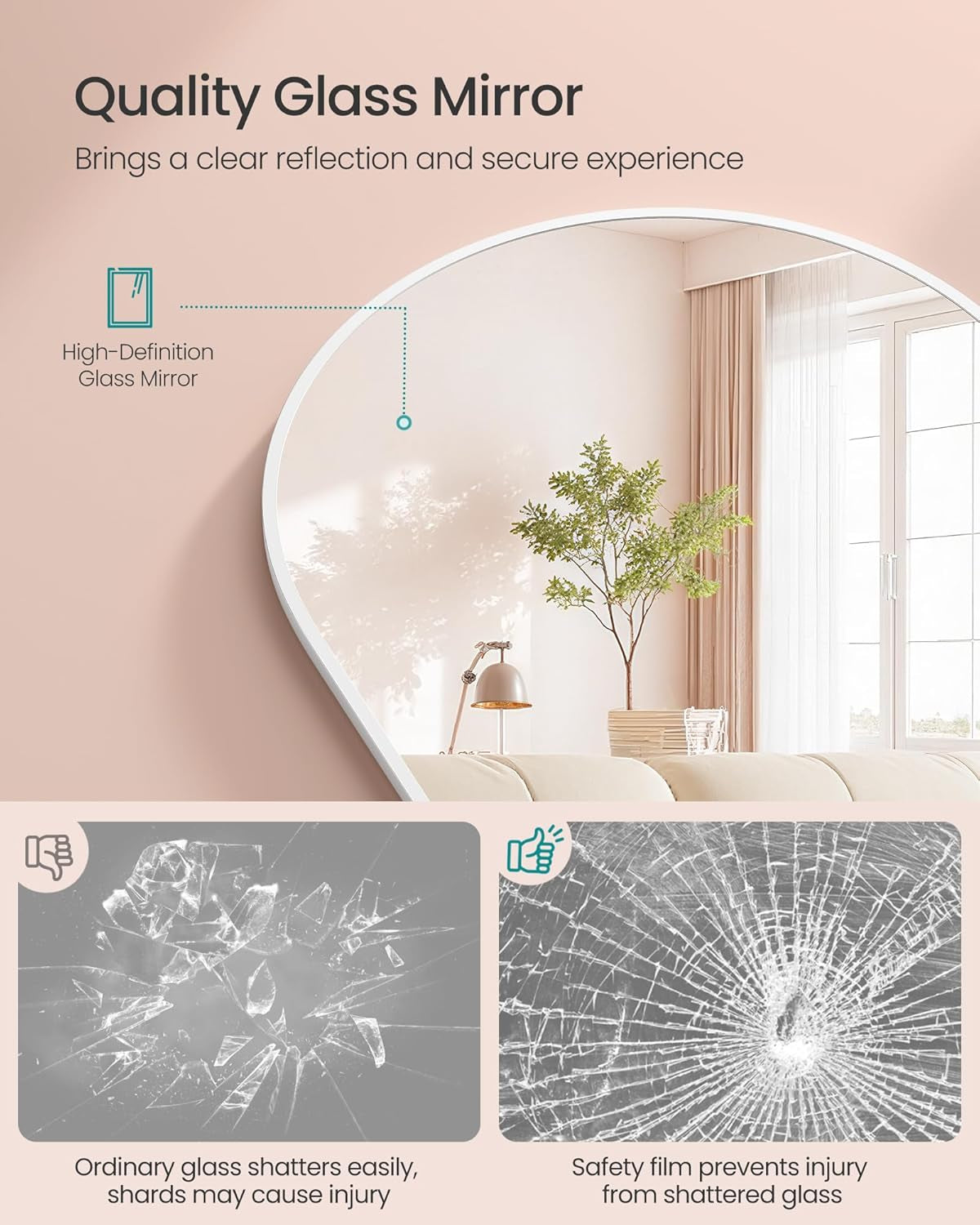 Full Length Mirror, 160 X 50 Cm, Arched Full Body Mirror with Stand, Aluminium Alloy Frame Floor Mirror, Tempered Glass, for Bedroom, Living Room, Cloakroom, Matte White LFM031WC01