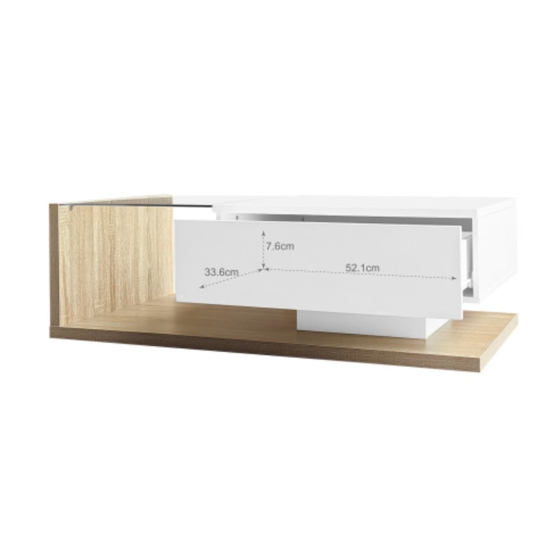 High-Gloss White & Wood Coffee Table with Glass & LED Lights