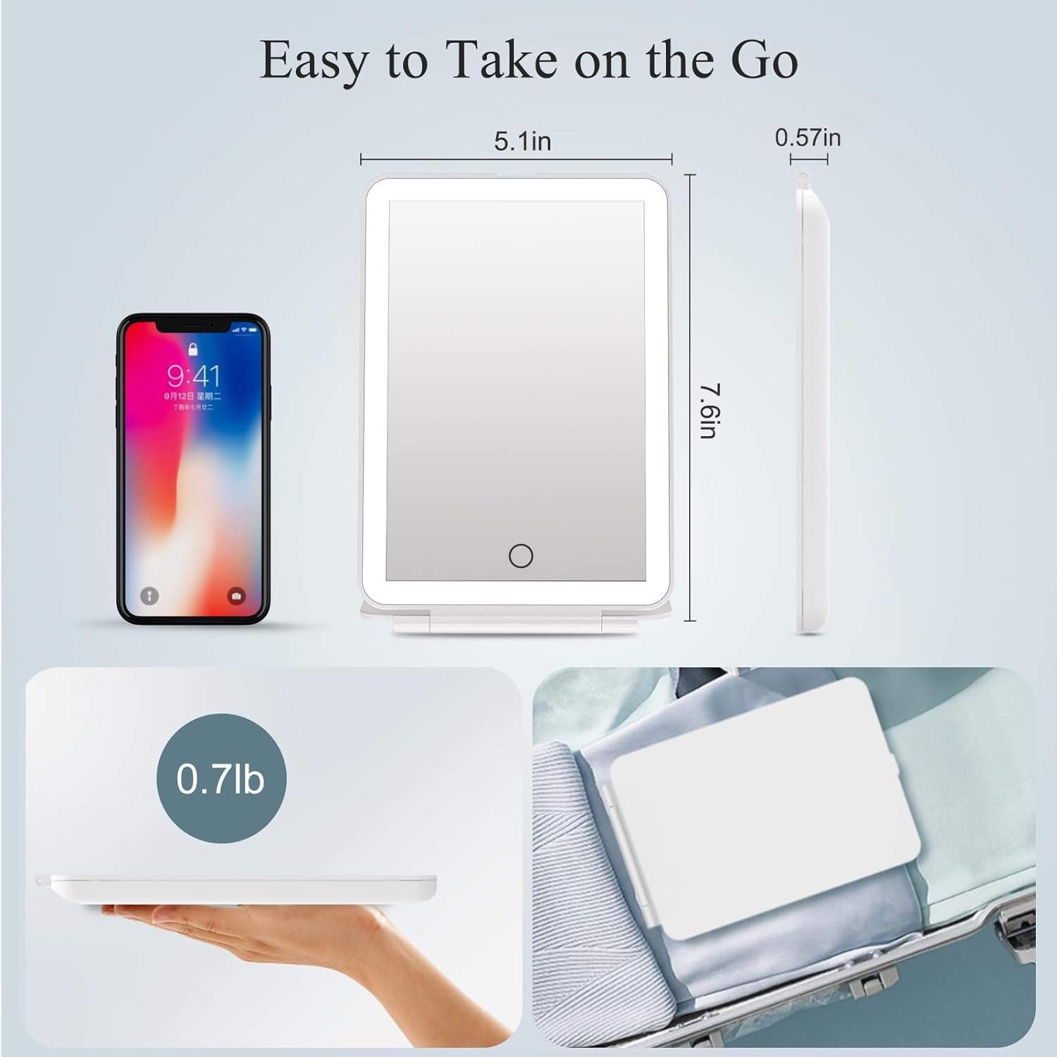 Rechargeable Travel Makeup Vanity Mirror with Lights, 2000Mah, Portable Lighted Makeup Beauty Mirror, Dimmable 3 Color Lighting, Tabletop Folding Cosmetic Mirror for Home, Office, Travel