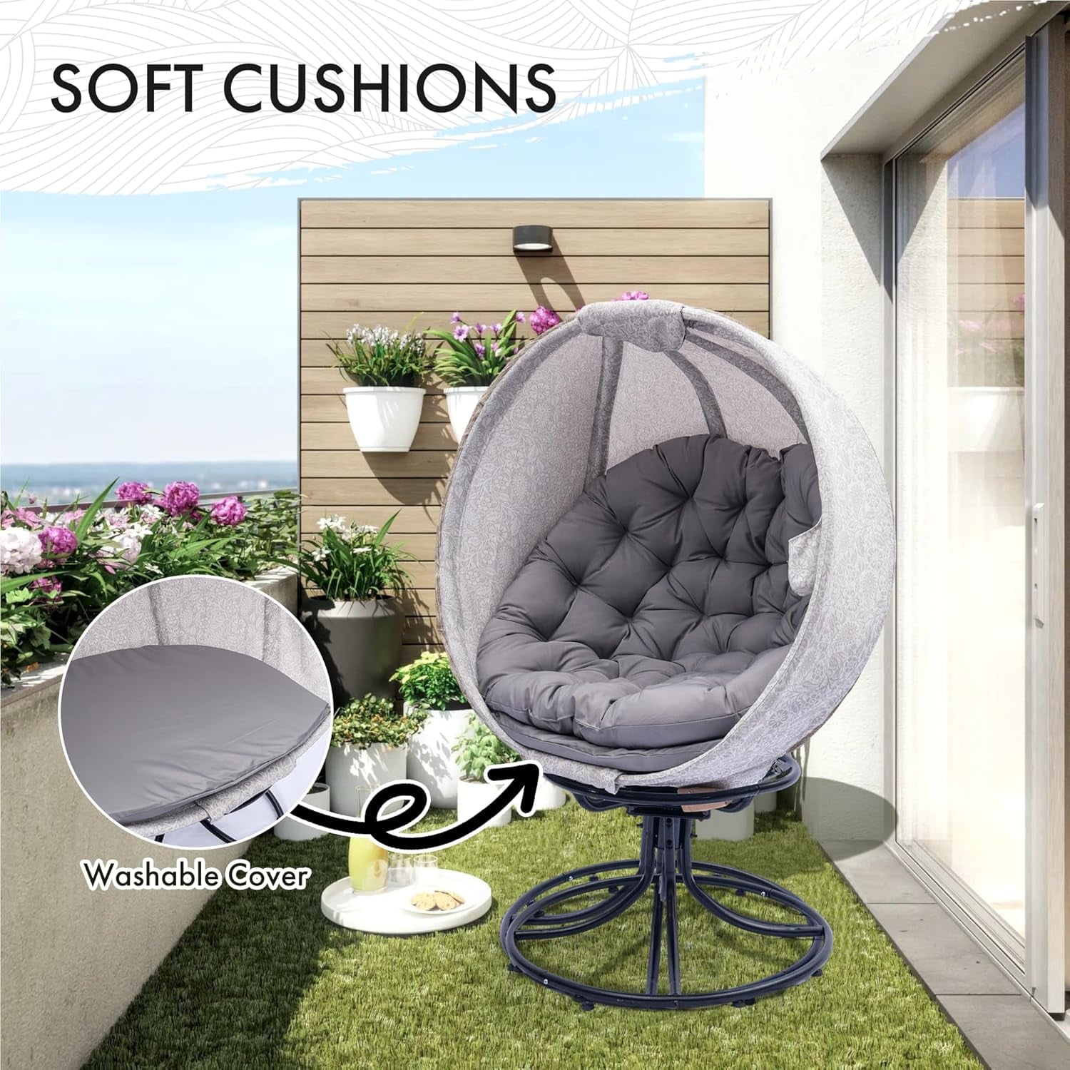 Oversized 360 Swivel Egg Chair- Foldable Rattan Seat W/Cushions‌‌ Indoor & Covered Balcony Lounge Chair for Living Room & Sunroom (Gesar Flower Gray)