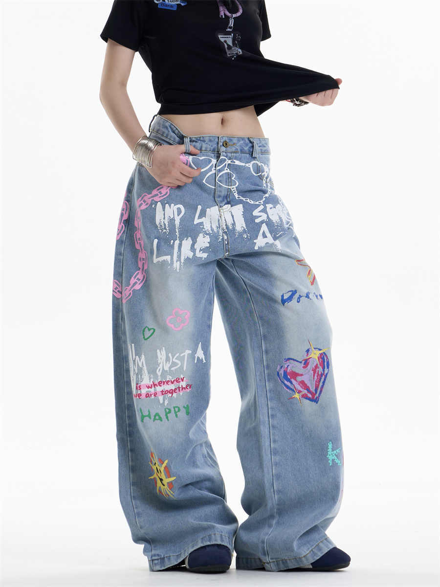Women’s Waist Chain Printed Wide Leg Jeans