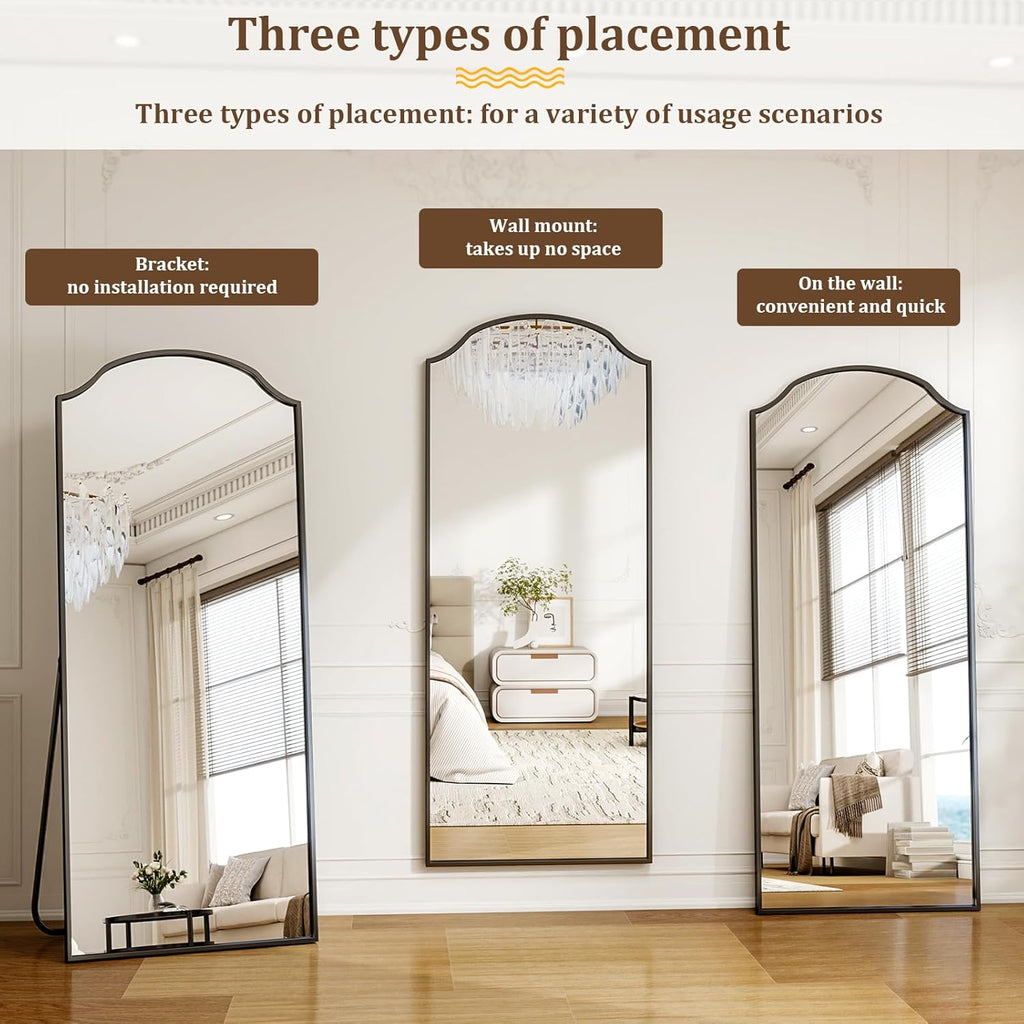 165 X 60 Cm Full-Length Mirror - Unique Curved Top, for Wardrobe, Bedroom, Hanging, Standing or Leaning, Black