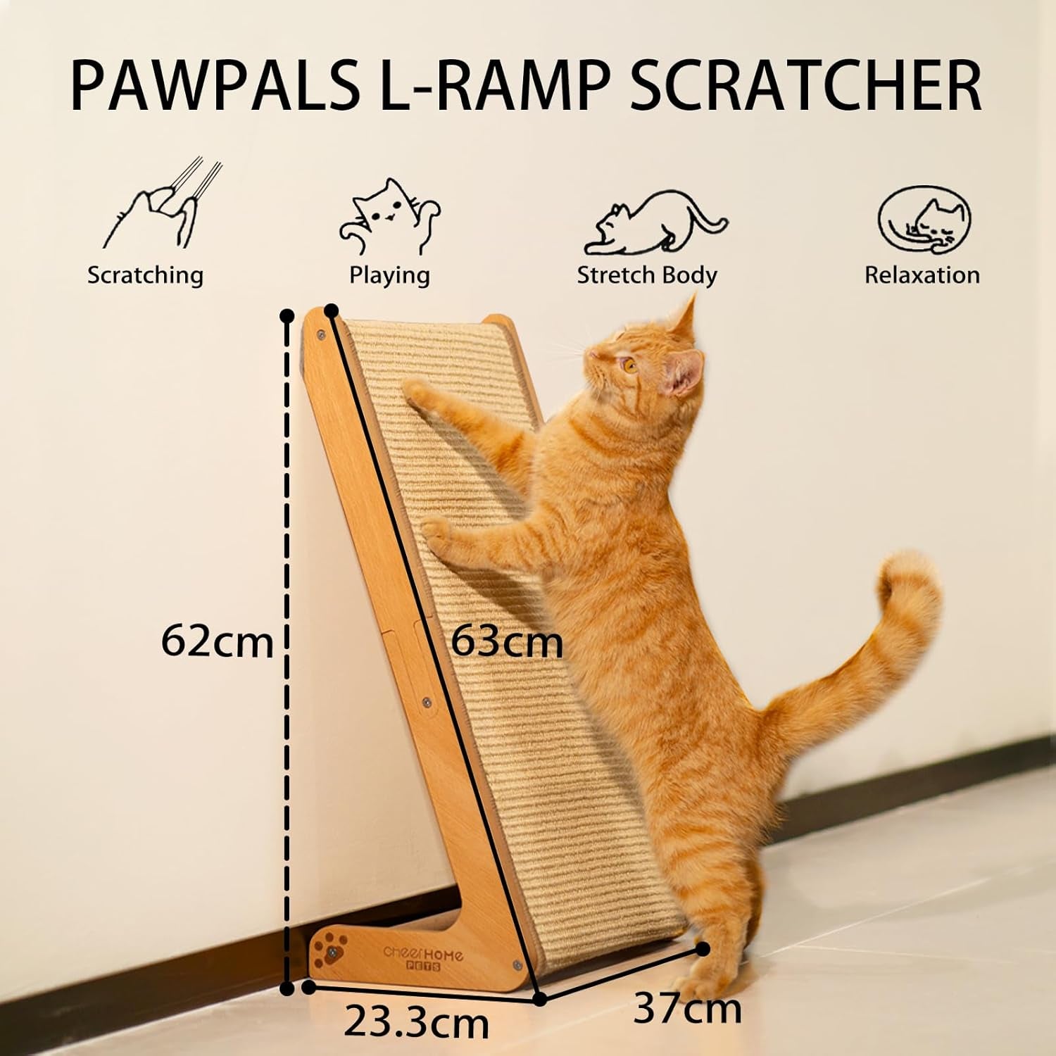 Dual-Use Sisal Cat Scratcher - Large 63Cm H, Solid Beech Wood & Sisal Pad Cat Scratching Post, L-Shaped Pet Furniture for All Cats Playing, Relaxing